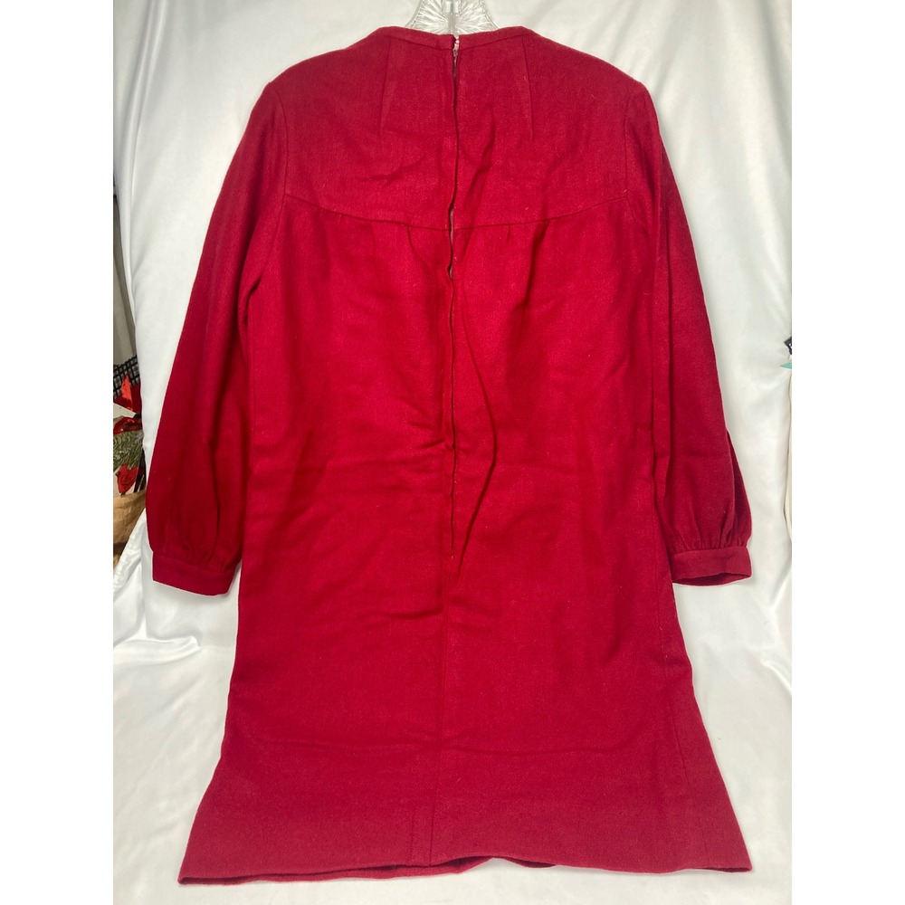 Vintage 1960s Red Wool Dress Smocked Yoke A-Line Lined Long Sleeve‎ - Picture 10 of 11